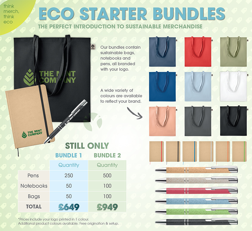 Think Eco Offer: bundle with sustainable pens, recycled notebooks and organic cotton bags